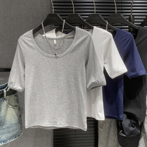 RM7804#黑色t恤女短袖夏欧货基础款简约显瘦大领口短款打底上衣