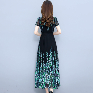 RM7960#夏季新款定位印花连衣裙女圆领收腰气质中长裙子
