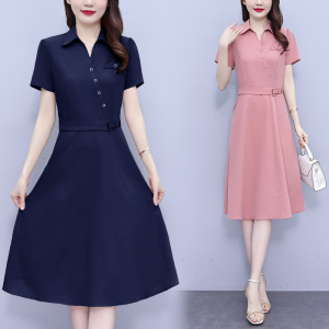 RM10354#大码女装2023夏新款女神范气质减龄收腰显瘦纯色中长款连衣裙
