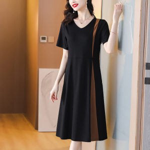 RM11595#洋气减龄撞色连衣裙女夏2023新款气质时尚大码显瘦优雅品牌长裙子