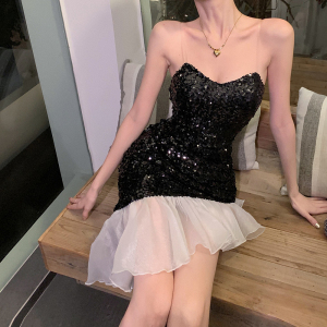 RM11055#女装新款高级感黑白撞色修身包臀生日聚会晚礼服连衣裙