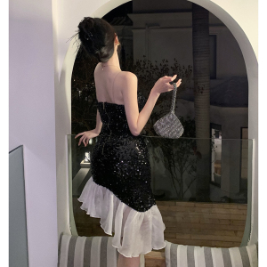 RM11055#女装新款高级感黑白撞色修身包臀生日聚会晚礼服连衣裙