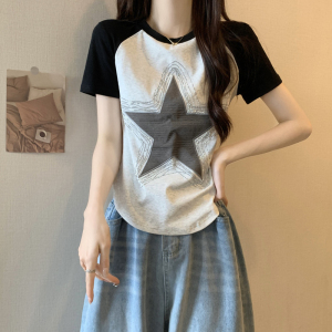 TR23022# 春夏新款时尚短袖T恤女高级感烫钻简约拼色上衣 服装批发女装服饰货源