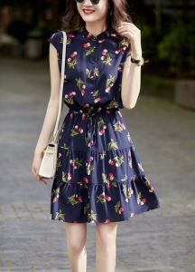 TR24854# 轻松穿出法式风情樱桃印花包肩袖系带桑蚕丝连衣裙