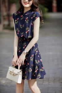 TR24854# 轻松穿出法式风情樱桃印花包肩袖系带桑蚕丝连衣裙