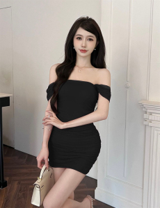 Elastic Mesh Spicy Girl Short Sleeve Sexy Bra Tight Fold Slim Wrap Hip Dress