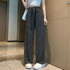 RM13385#冰丝条纹休闲阔腿裤子女2023夏季薄款窄版小个子垂坠感拖地裤