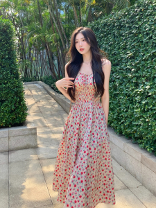 TR24424# 胖mm法式V领无袖系带收腰显瘦褶皱碎花裙背心吊带连衣裙 服装批发女装服饰直播货源