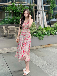 TR24424# 胖mm法式V领无袖系带收腰显瘦褶皱碎花裙背心吊带连衣裙 服装批发女装服饰直播货源