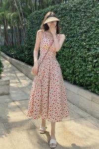 TR24424# 胖mm法式V领无袖系带收腰显瘦褶皱碎花裙背心吊带连衣裙 服装批发女装服饰直播货源