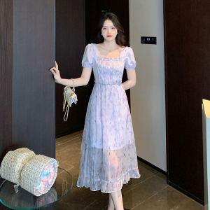 RM12326#夏新款淑女复古浪漫别致甜美通透花瓣印花连衣裙短袖方领