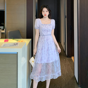 RM12326#夏新款淑女复古浪漫别致甜美通透花瓣印花连衣裙短袖方领
