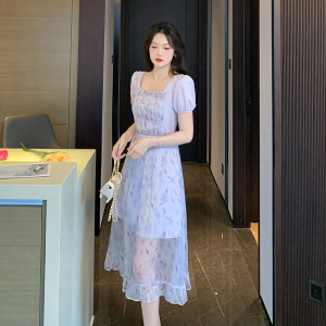 RM12326#夏新款淑女复古浪漫别致甜美通透花瓣印花连衣裙短袖方领