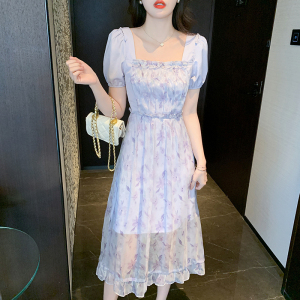 RM12326#夏新款淑女复古浪漫别致甜美通透花瓣印花连衣裙短袖方领