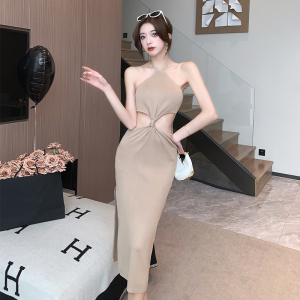 INS Design Sense Hanging Neck Long Dress Women's European and American Style INS Fashion Slim Fit Knitted Dress