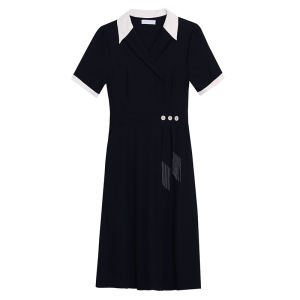 RM19304#夏季新款胖妹妹修身显瘦遮肚西装领拼色黑色洋气连衣裙通勤