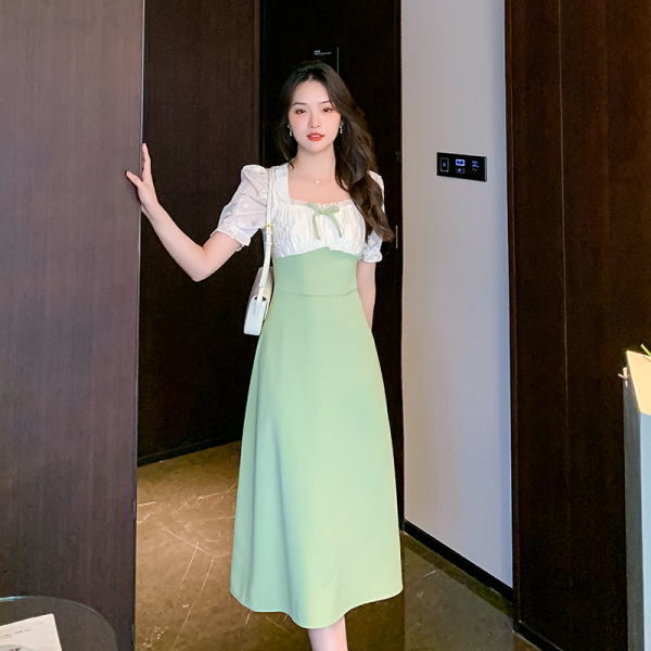 RM11099#木质白茶初夏法式复古绿色显白显瘦连衣裙