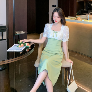 RM11099#木质白茶初夏法式复古绿色显白显瘦连衣裙