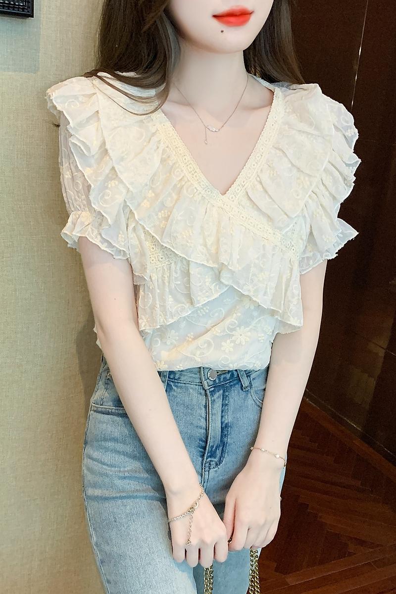 新款雪紡衫女短袖2026年夏季薄款v領小衫小香風荷葉邊蕾絲上衣