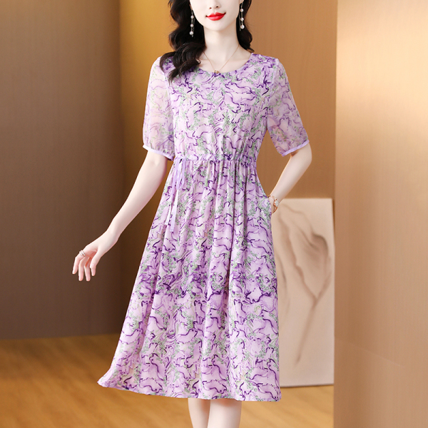 RM8441#紫色圆领短袖连衣裙新款夏季收腰显瘦A字裙