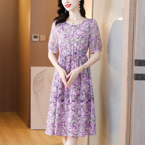 RM8441#紫色圆领短袖连衣裙新款夏季收腰显瘦A字裙