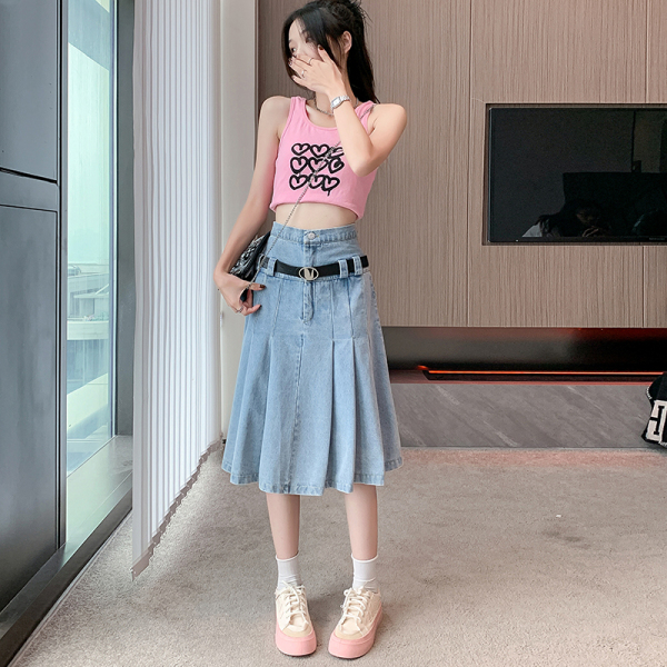 RM14371#韩版chic复古牛仔半身裙高腰显瘦中款百褶裙a字伞裙