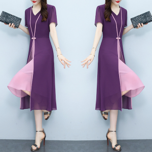 RM22468#显瘦气质夏季收腰裙子2023年新款时尚V领雪纺拼接收腰显瘦连衣裙