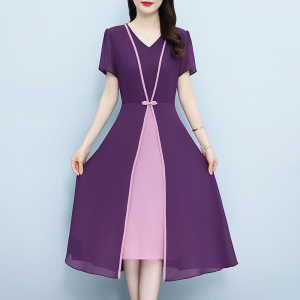RM22468#显瘦气质夏季收腰裙子2023年新款时尚V领雪纺拼接收腰显瘦连衣裙