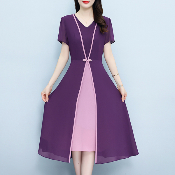 RM22468#显瘦气质夏季收腰裙子2023年新款时尚V领雪纺拼接收腰显瘦...