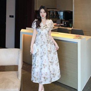 RM10445#新中式连衣裙水墨画V领提花连衣裙