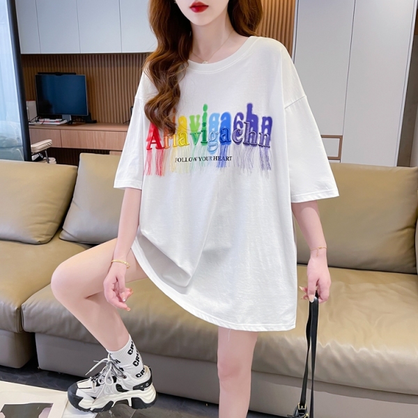 RM7745#后包领 | 韩版中长款重工刺绣短袖T恤女