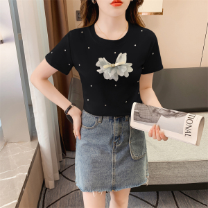 RM9483#夏季韩版新款立体花朵短袖针织烫钻T恤时尚名媛洋气显瘦