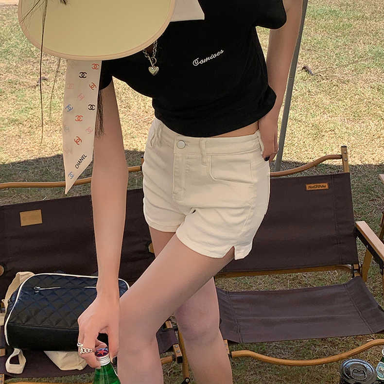 白色牛仔短褲女夏薄款高腰彈力a字包臀褲顯瘦辣妹超短熱褲潮