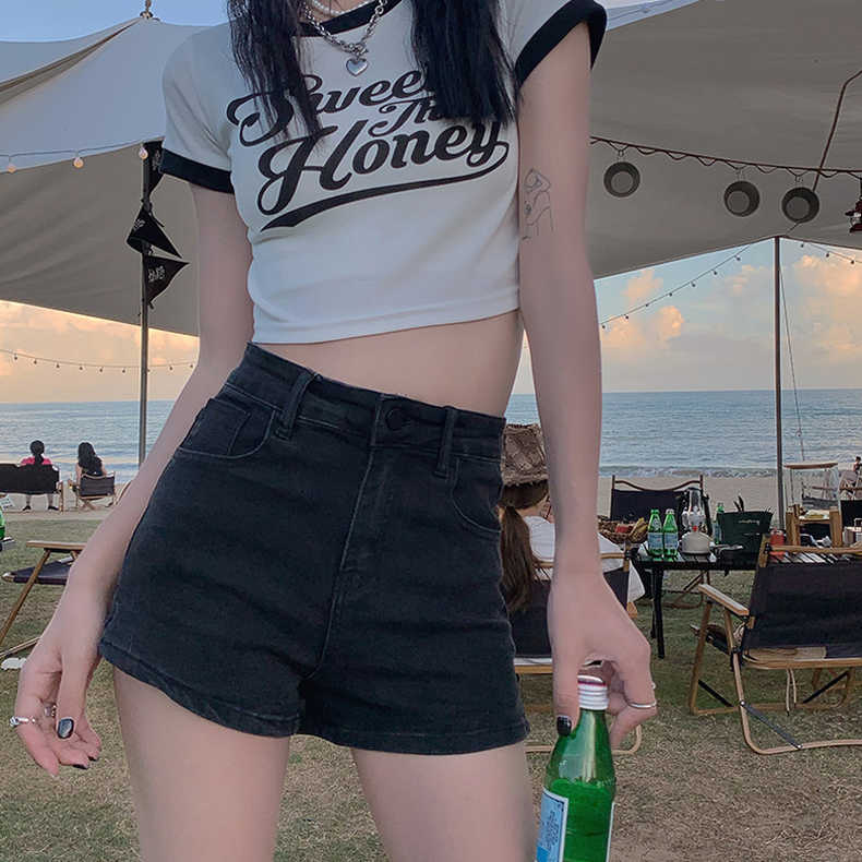 白色牛仔短褲女夏薄款高腰彈力a字包臀褲顯瘦辣妹超短熱褲潮