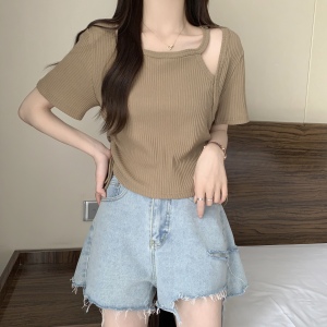 RM9209#大码夏季新款韩版小心机百搭纯色简约短袖针织上衣女