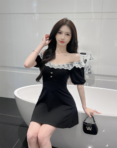 Off shoulder lace splicing French design style temperament big swing dress