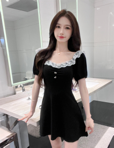 Off shoulder lace splicing French design style temperament big swing dress