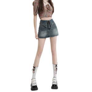 RM7773#设计感裤头翻边高腰显瘦牛仔半身裙女防走光辣妹A字包臀短裙