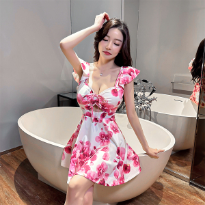 High elasticity printed hollowed out casual beach strap large swing dress