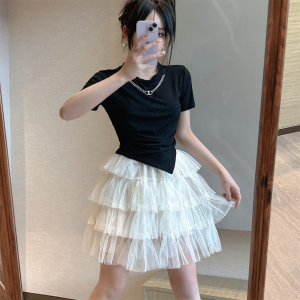 Two piece set of pure cotton irregular T-shirts with a sense of design and a slim bottom top+fluffy skirt