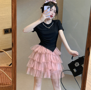 Two piece set of pure cotton irregular T-shirts with a sense of design and a slim bottom top+fluffy skirt