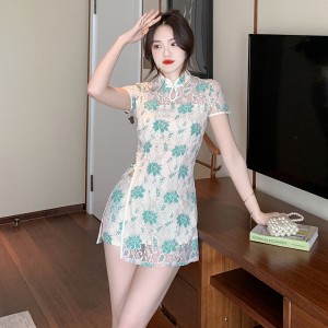 RM21985#改良旗袍国风修身蕾丝开叉连衣裙短裤两件套