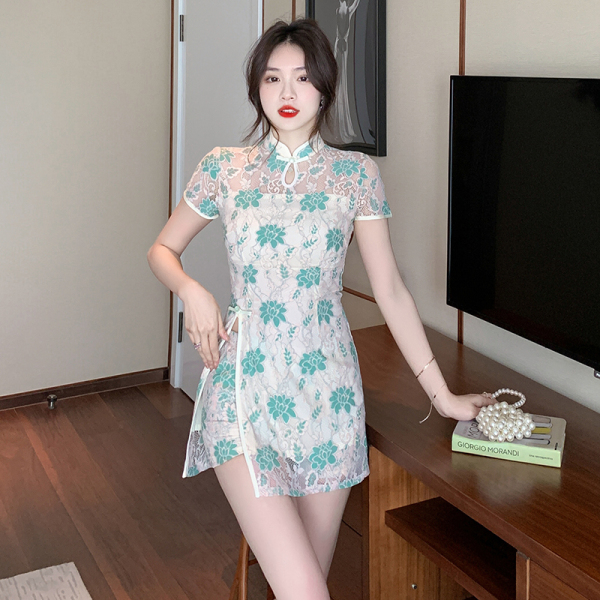 RM21985#改良旗袍国风修身蕾丝开叉连衣裙短裤两件套