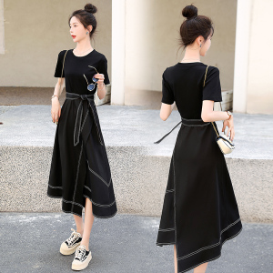 RM12537#夏季新款短袖拼接半身裙不规则连衣裙新款女装