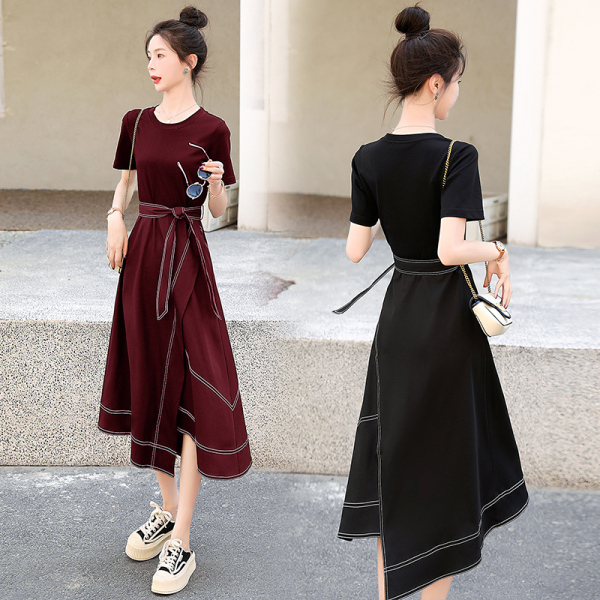 RM12537#夏季新款短袖拼接半身裙不规则连衣裙新款女装