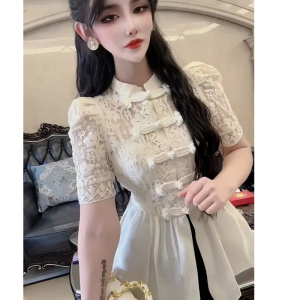 RM7774#网红新款新中式国潮风衬衫女时尚复古盘扣气质显瘦蕾丝上衣