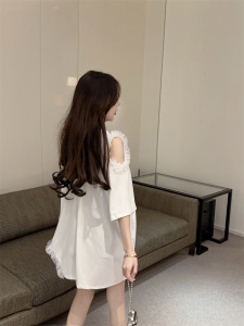TR34649# 新款韩版重工烫钻蕾丝拼接中长款宽松显瘦T恤 服装批发女装批发服饰货源