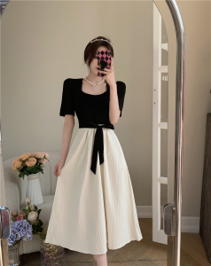 RM10073#夏季新款法式赫本风设计感方领收腰显瘦连衣裙拼色小众长裙