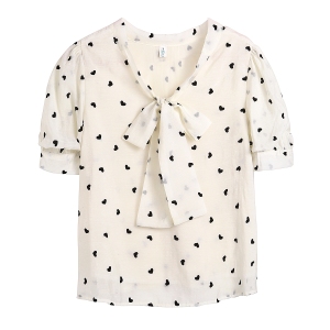 RM11033#夏季新款法式立领蝴蝶结小爱心植绒系带衬衫女短袖上衣