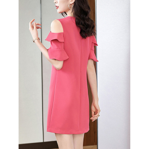 RM8755#玫红色荷叶边女裙2023夏季新款法式露肩修身精致显瘦时尚连衣裙